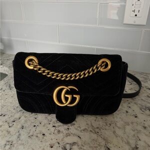 Small Gucci GG Marmont 2.0 Matelassé Velvet Shoulder Bag Black Gold Hardware